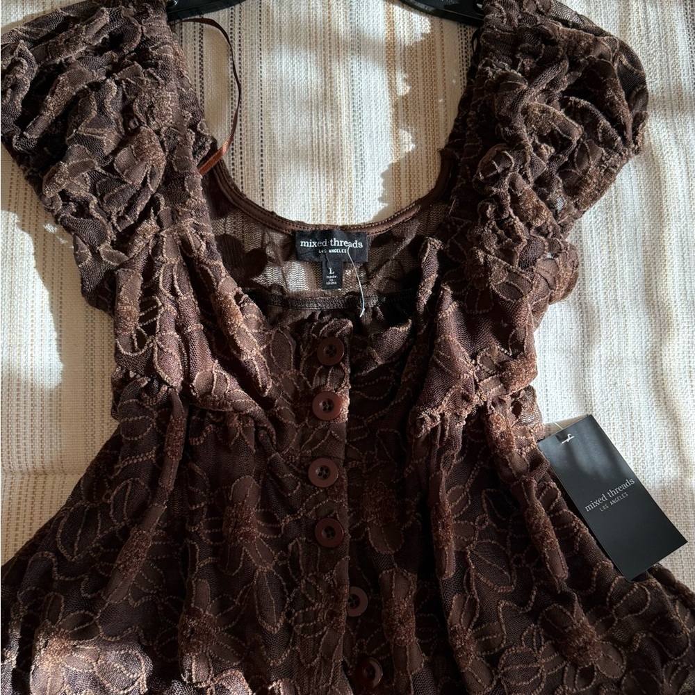 Brown Floral Lace Blouse by Nine Threads